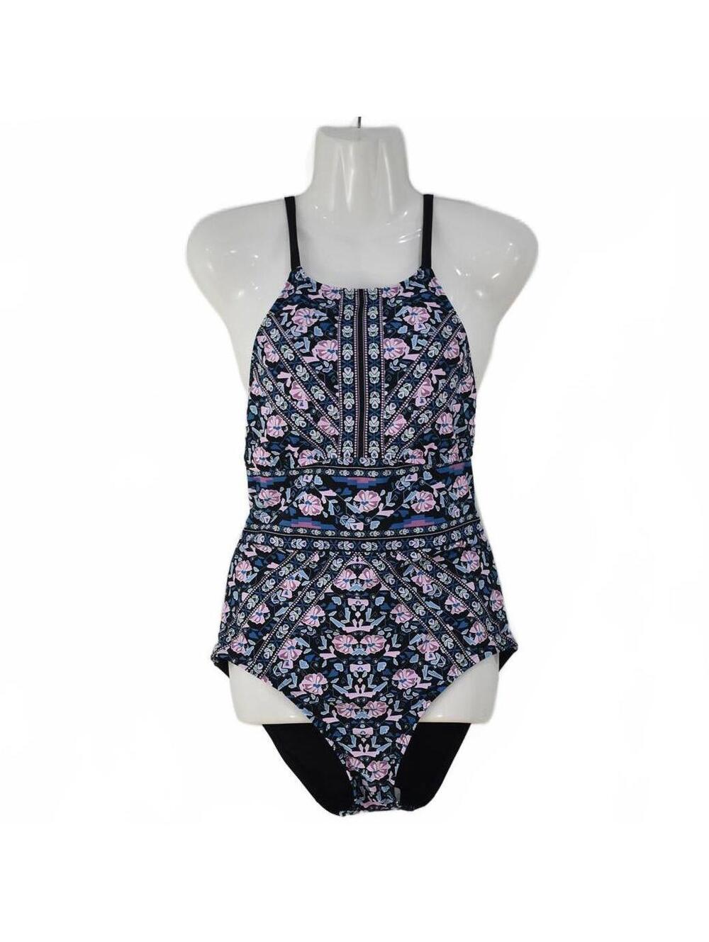 Mossimo Pink Blue Black Floral Criss Cross Back One Piece Swimsuit Size Medium